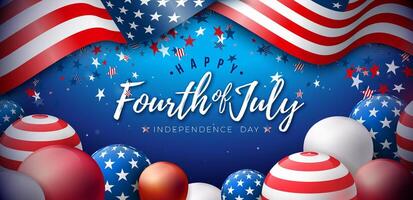 4e van juli onafhankelijkheid dag van de Verenigde Staten van Amerika illustratie met Amerikaans vlag en partij ballon en typografie brief Aan blauw achtergrond. vierde van juli nationaal viering ontwerp voor banier vector