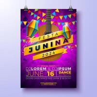 festa Junina partij folder ontwerp met gitaar, partij vlaggen, papier lantaarn en typografie belettering Aan Purper achtergrond. Brazilië juni festival illustratie voor viering poster of vakantie vector