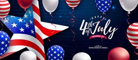 4e van juli onafhankelijkheid dag van de Verenigde Staten van Amerika illustratie met Amerikaans vlag in ster symbool en partij ballon Aan donker blauw achtergrond. vierde van juli nationaal viering ontwerp met typografie vector