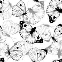 wit vlinder patroon. wijnoogst naadloos achtergrond. zwart lijn kunst tekening van insect Vleugels. schets illustratie van vliegend mot. hand- getrokken schattig dier. afdrukken voor verjaardagen en bruiloften vector