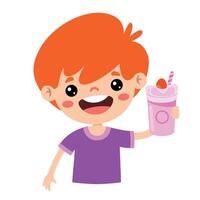 schattig tekenfilm kind drinken milkshake vector