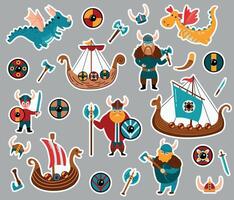 vikingen sticker set. drakkars, schilden, bijl, helm, zwaard, draken, mes vector