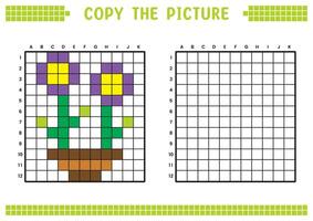 kopiëren de afbeelding, compleet de rooster afbeelding. leerzaam werkbladen tekening met vierkanten, kleur cel gebieden. kinderen peuter- activiteiten. tekenfilm, pixel kunst. bloemen en potten illustratie. vector