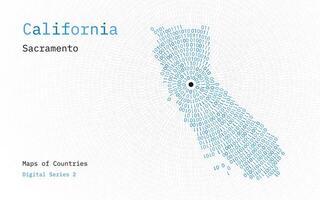 een kaart van Californië afgebeeld in nullen en degenen in de het formulier van een cirkel. de hoofdstad, sacramento, is getoond in de centrum van de cirkel vector