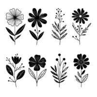 reeks van gemakkelijk bloem silhouetten in monochroom zwart en wit hand- getrokken stijl vector