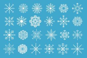 reeks wit sneeuwvlok kristal elegant lijn Kerstmis decoratie Aan blauw achtergrond, verzameling winter ornament bevroren element. illustratie vector