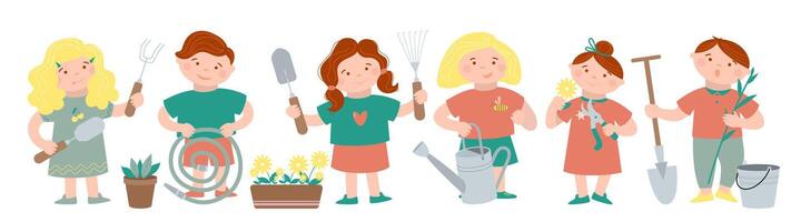 weinig schattig kinderen, leerlingen of school- kinderen zijn tuinieren met tuin gereedschap net zo emmer, Schep, pot met plant, gieter slang, kan, hark, trimmer. tekenfilm illustratie. vector