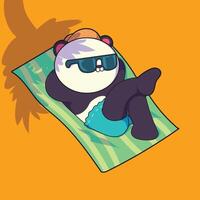 illustratie van een panda met zonnebril aan het liegen Aan een tapijt. Aan de strand onder de schaduw van kokosnoot bomen. vector