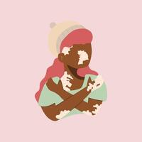 illustratie van een Oman met donker huid, vitiligo, en golvend roze haar- vector