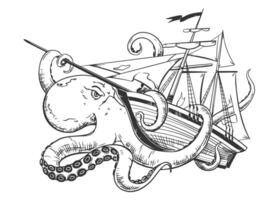 reusachtig Octopus vangsten oud stijl zeil schip hand- getrokken illustratie vector