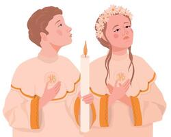 kinderen gedurende de eerste gemeenschap. illustratie. een jongen en een meisje in wit feestelijk kleren bidden naar god. een ceremonie in de christen traditie, een lid van de kerk ontvangt de Eucharistie. vector