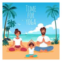 familie aan het doen yoga in lotus houding Aan zee strand vector