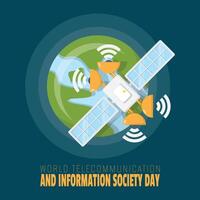 wereld telecommunicatieverbinding en informatie maatschappij dag poster met satellieten in buitenste ruimte sturen signalen naar aarde vector