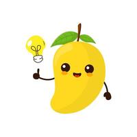 schattig grappig tekenfilm mango fruit met idee licht lamp vector