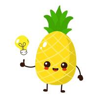 schattig grappig tekenfilm ananas fruit met idee licht lamp vector