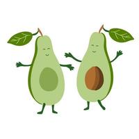 schattige cartoon helften van avocado met steen en blad. fruit voor een gezond leven vector