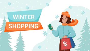 winter boodschappen doen banier sjabloon. mooi vrouw in winter kleren winkelen. vector