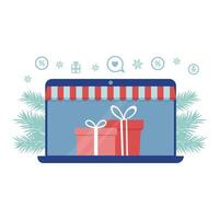 winter online winkelen. feestelijk Kerstmis uitverkoop. laptop met cadeaus Aan de scherm Aan een wit achtergrond. vector