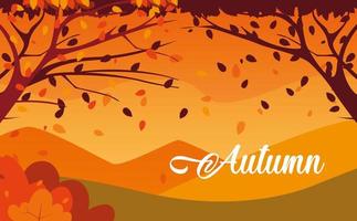 hallo herfstposter met landschap en bladeren vector