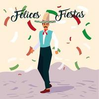 felices fiestas label met man met typisch Mexicaans kostuum vector