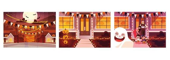 set kaarten met halloween-scènes vector