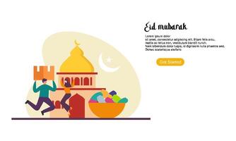 gelukkige eid mubarak of ramadan-groet met karakter van mensen vector