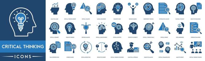 kritiek denken icoon set, analytisch verstand, kritiek denken manier van denken, kritiek analyse, logisch redenering, nieuwsgierig verstand, besluit maken, onafhankelijk denken, informatie analyse vector