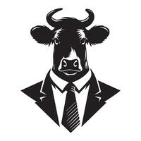 koe logo - bedrijf koe in een stropdas illustratie in zwart en wit lezer vector