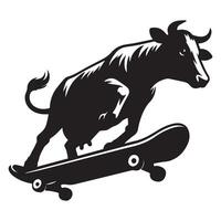 koe - skateboarden koe stedelijk sport- thema illustratie in zwart en wit vector