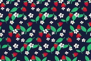 kleurrijk zomer naadloos patroon met abstract bessen aardbeien, bloemen, bladeren Aan zwart achtergrond. hand- getrokken tekening schetsen. schattig gestileerde vruchten. vector