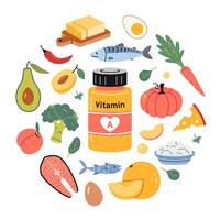 een pot van vitamine een in tablets of capsules en voedingsmiddelen verrijkt met het. fruit, groenten, vis, vlees, zuivel producten en eieren set. circulaire samenstelling. geïsoleerd illustratie, hand- getrokken, vlak vector