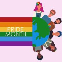 verschillend lgbt mensen en planeet aarde en regenboog vlag. concept van lgbtq trots, inclusiviteit van homoseksualiteit, homo, lesbienne biseksueel. . Internationale lgbt concept. vector