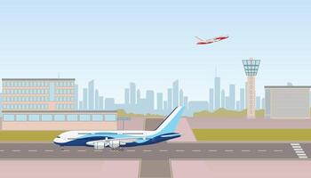 vliegtuig in landingsbaan luchthaven terminal gebouw landschap horizon illustratie vector