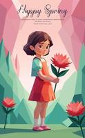 reizen tijd poster sjabloon met laag poly weinig meisje Holding een rood bloem meetkundig veelhoekige stijl vector