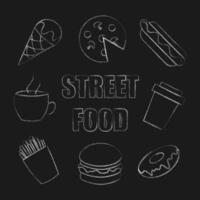 zwart en wit hand- getrokken tekening straat voedsel set. vector