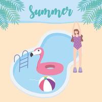 zomertijd meisje met zwembad flamingo float en bal vakantie toerisme vector