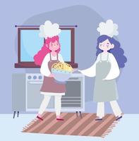 blijf thuis, chef-kokmeisjes met tekenfilm met dessertkom, kookquarantaine-activiteiten vector