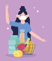 online markt, vrouw met masker en winkelmandje, eten bezorgen in supermarkt vector