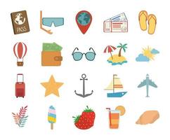 zomer reizen en vakantie in vlakke stijl geïsoleerde pictogrammen set vector