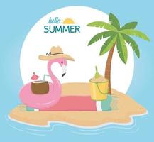 zomer reizen en vakantie float flamingo met hoed emmer cocktail in handdoek vector