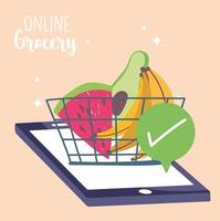 online markt, smartphonemandvinkje fruit, voedsellevering in de supermarkt vector