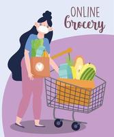 online markt, vrouw met masker en winkelwagentje en mand, eten bezorgen in supermarkt vector