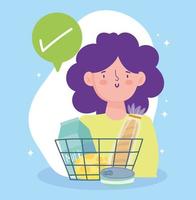 online markt, vrouw met winkelmandje vinkje, eten bezorgen in supermarkt vector