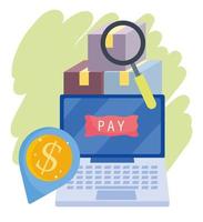 online betaling, laptop levering kartonnen dozen geld, e-commerce markt winkelen, mobiele app vector