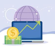 online betaling, laptop bankbiljet geld munt wereld, e-commerce markt winkelen, mobiele app vector
