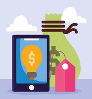 online betaling, prijs voor geldzaklabel voor smartphones, winkelen op de e-commercemarkt, mobiele app vector