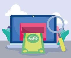 online betaling, transactie met laptopbankbiljetgeld, winkelen op de e-commercemarkt, mobiele app vector