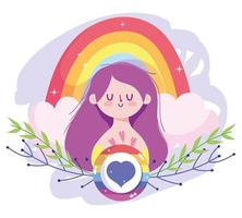 meisje cartoon met lgtbi regenboog en hart zegel stempel vector design