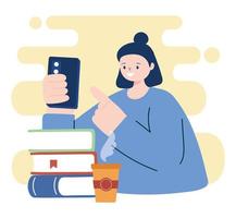 vrouw met smartphone en boeken vector design