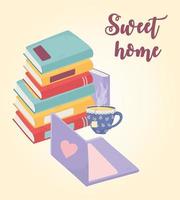 sweet home stapel boeken laptop en theekop vector